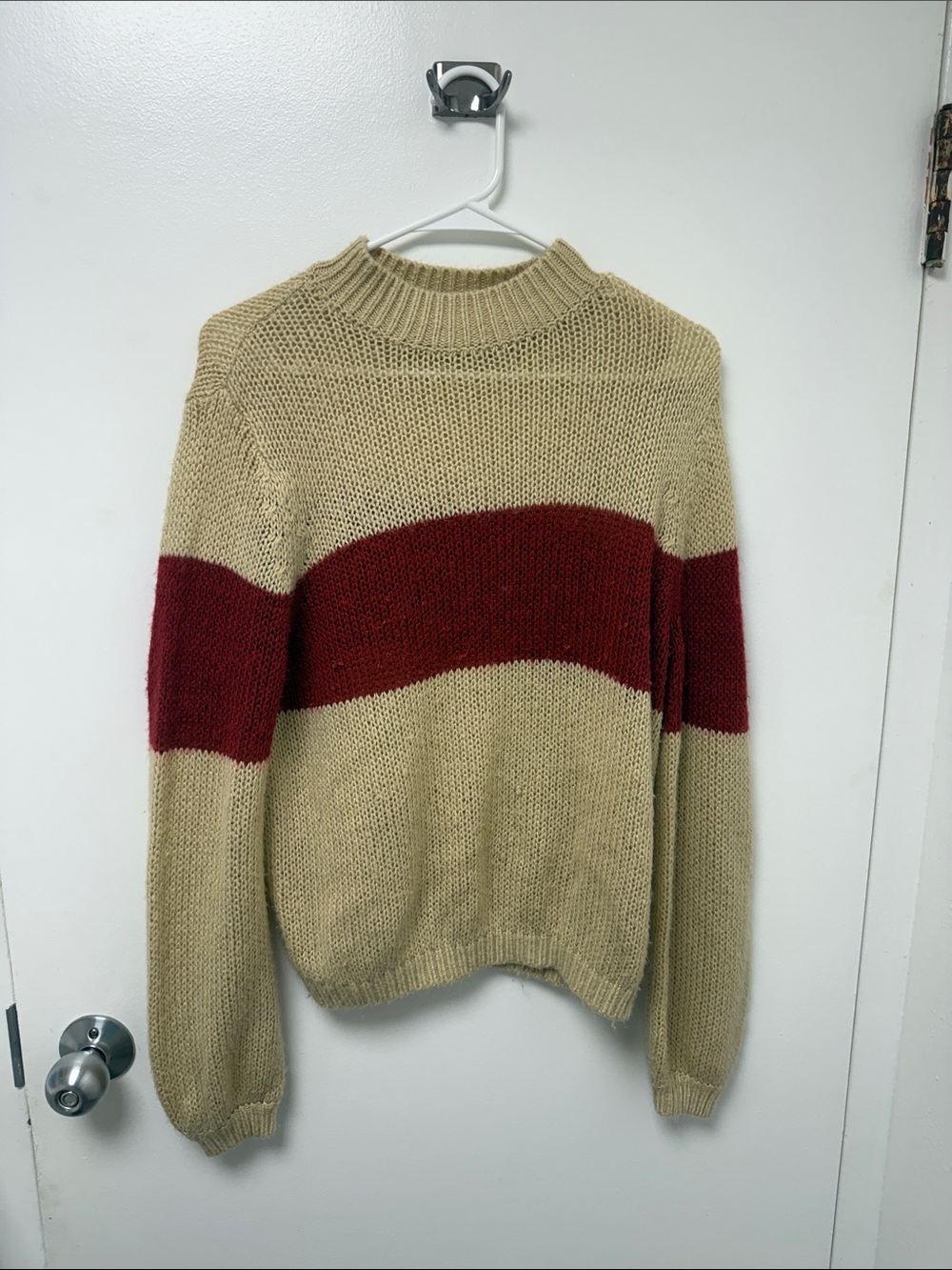 Roolee Cozy Beige and Burgundy Striped Turtleneck Sweater